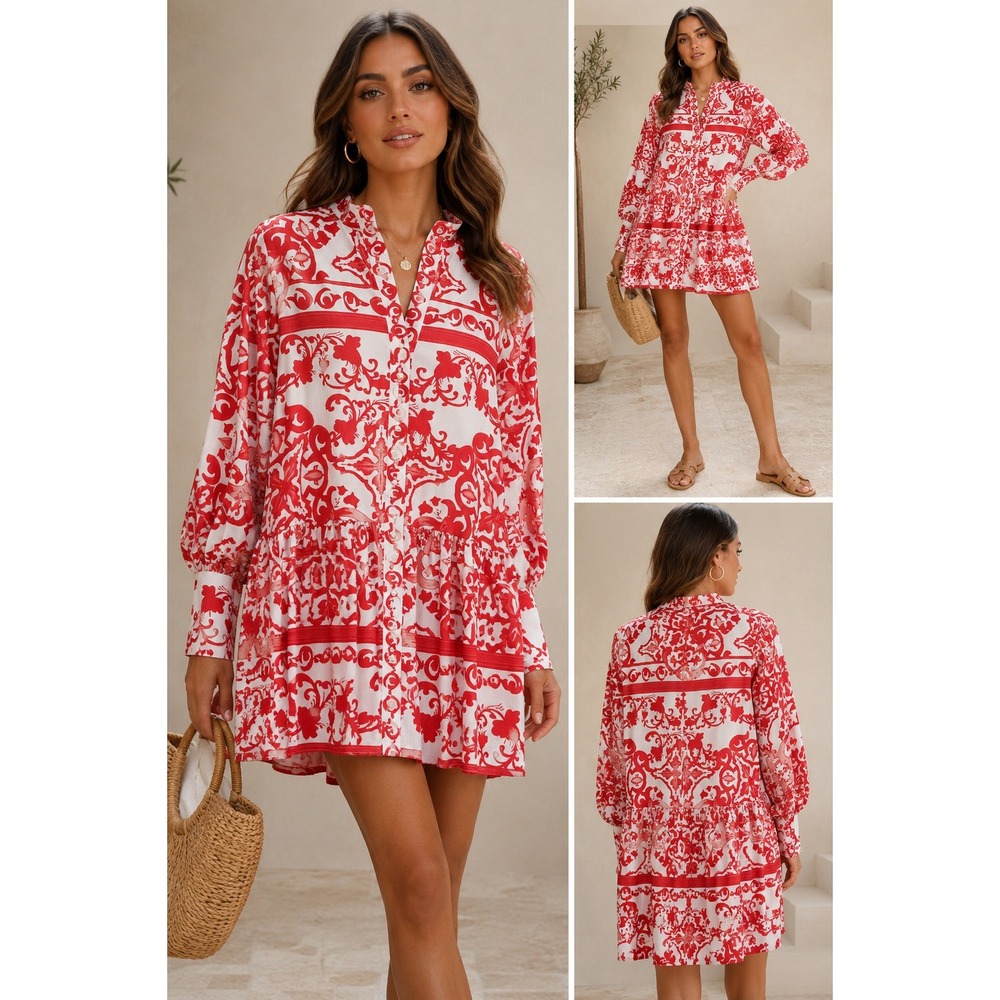Red White Scroll Print Tunic Dress Pearl Button Tiered Mini Quiet Luxury